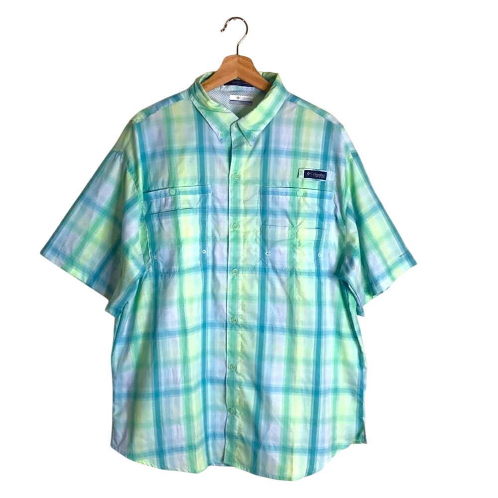 Columbia Men's PFG Super Tamiami‎ Short Sleeve Fishing Shirt Green Blue Plaid L